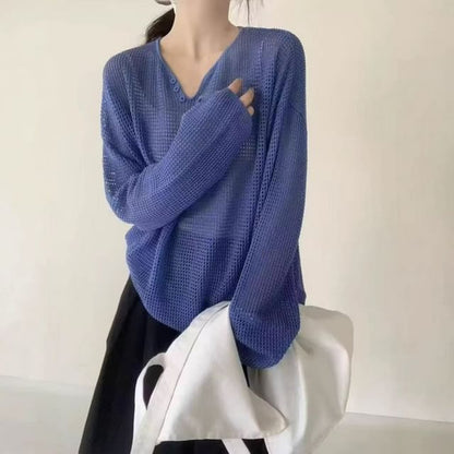 Perforated Knit V-Neck Top