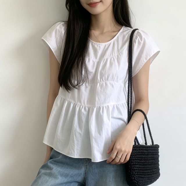 Round Neck Flutter Sleeve Ruched Tiered Top