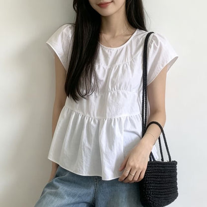 Round Neck Flutter Sleeve Ruched Tiered Top