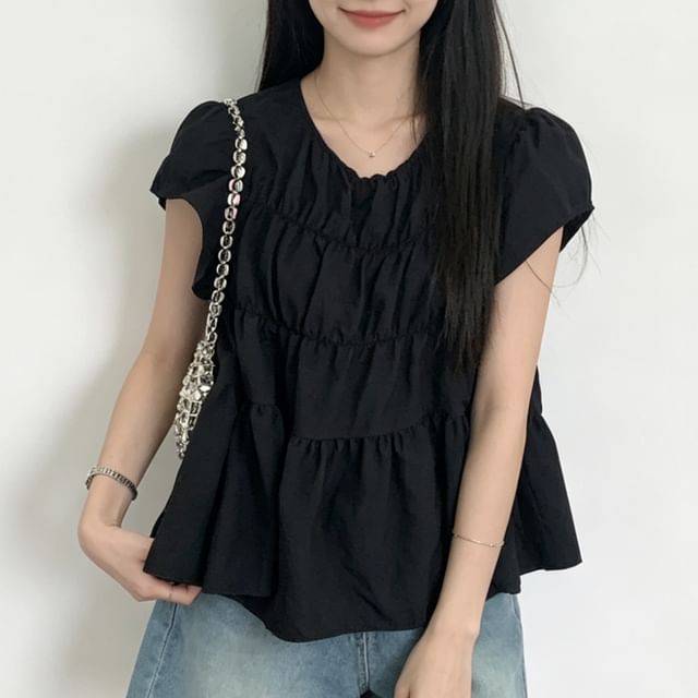 Round Neck Flutter Sleeve Ruched Tiered Top