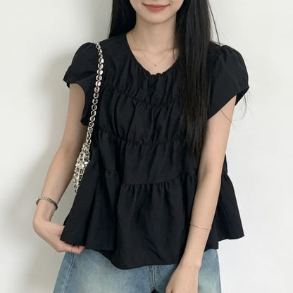Round Neck Flutter Sleeve Ruched Tiered Top