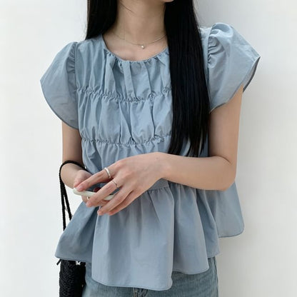 Round Neck Flutter Sleeve Ruched Tiered Top
