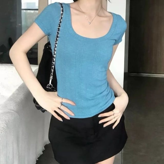 Casual Crew Neck Knit Top with Cap Sleeves