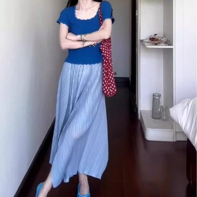 Square Neck Ribbed Knit Top Short Sleeves