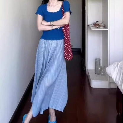 Square Neck Ribbed Knit Top Short Sleeves