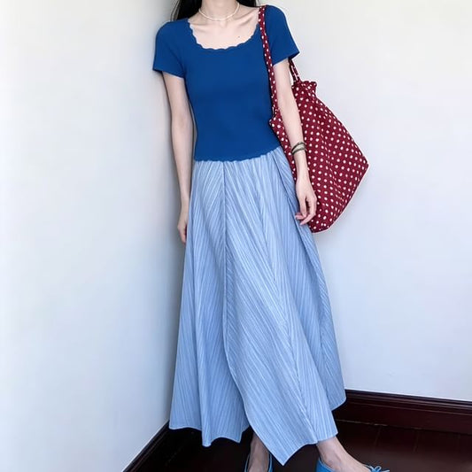 Square Neck Ribbed Knit Top Short Sleeves