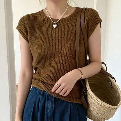 Round Neck Ribbed Knit Top Cap Sleeve