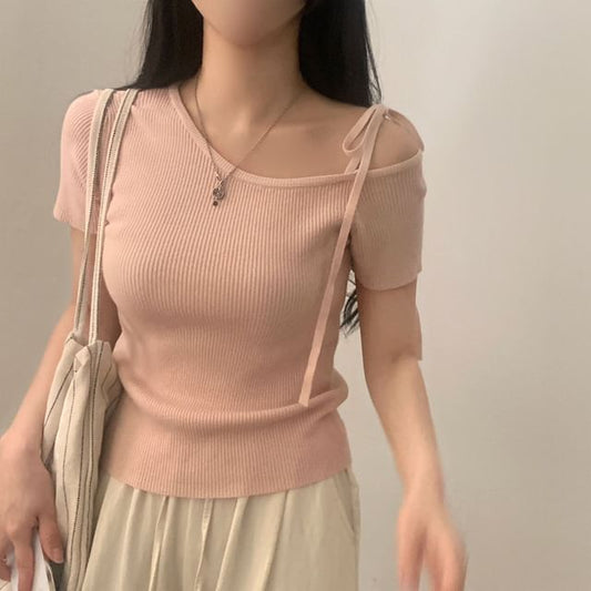 Cold Shoulder Ribbed Knit Top Short Sleeve