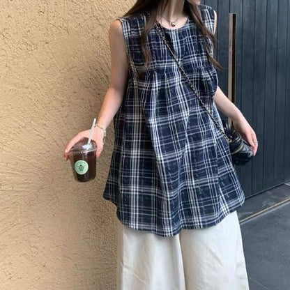 Plaid Tunic Top with Round Neck Sleeveless