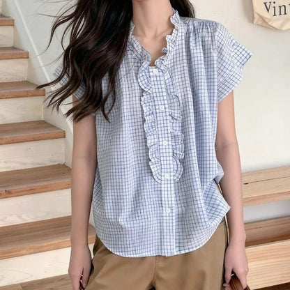 Ruffle Trim Plaid Button Up Shirt Cap Sleeve