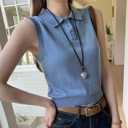 Polo Neck Crop Knit Top Sleeveless Style