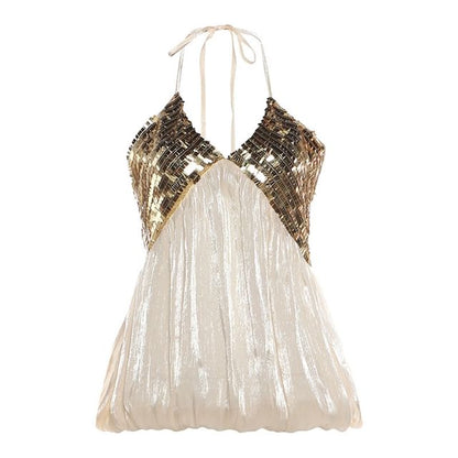 Halter Sequin Blouse & High Waist Ruched Mini Pencil Skirt