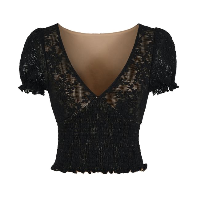 Puff-Sleeve V-Neck Lace Smocked Top