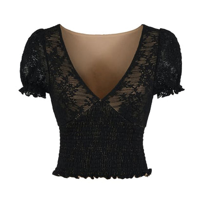 Puff-Sleeve V-Neck Lace Smocked Top