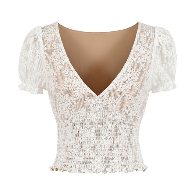 Puff-Sleeve V-Neck Lace Smocked Top