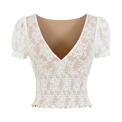 Puff-Sleeve V-Neck Lace Smocked Top