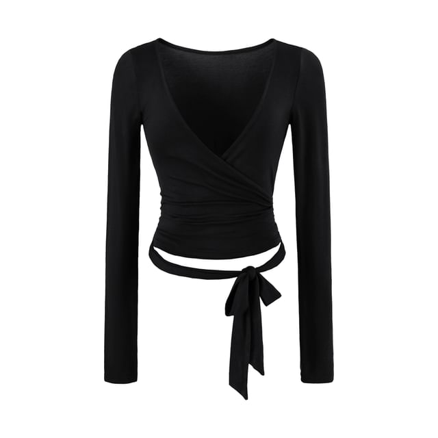 Long-Sleeve V-Neck Plain Wrap Crop Top