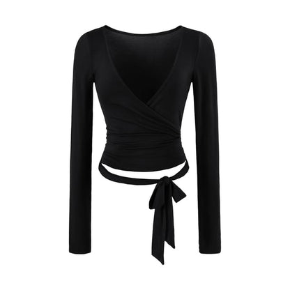 Long-Sleeve V-Neck Plain Wrap Crop Top