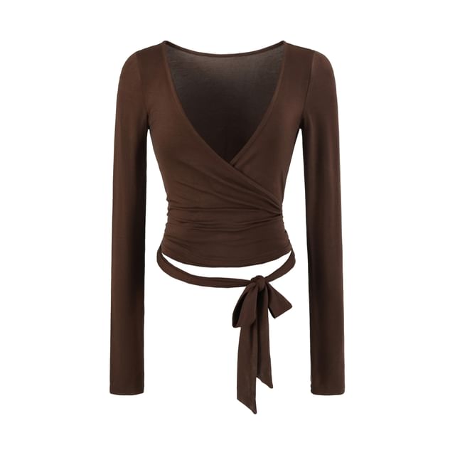 Long-Sleeve V-Neck Plain Wrap Crop Top