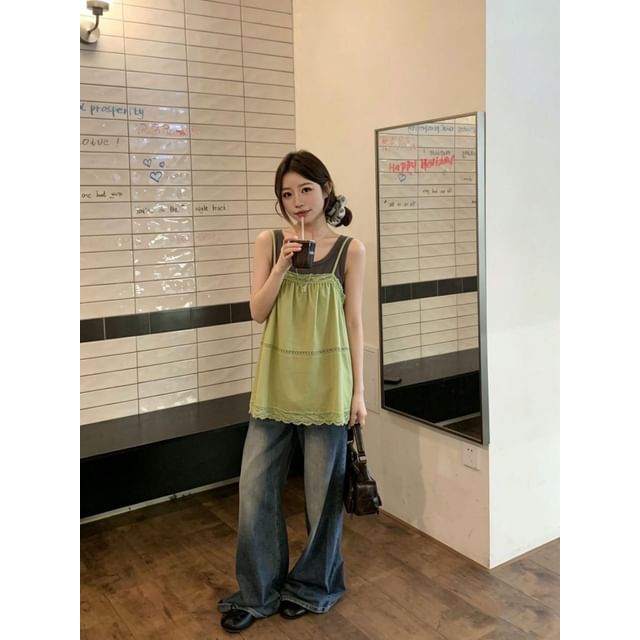 Set: Lace-Trim A-Line Camisole Top + Plain Tank Top