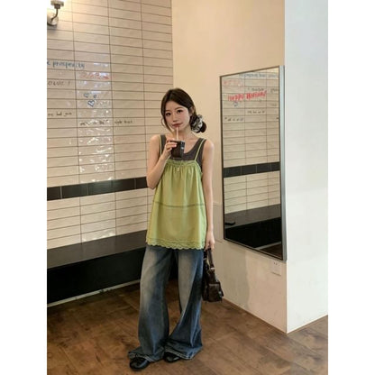 Set: Lace-Trim A-Line Camisole Top + Plain Tank Top