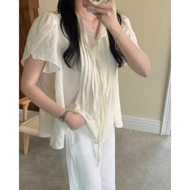 Short Sleeve Tie-Neck Plain Pleated Loose-Fit Blouse
