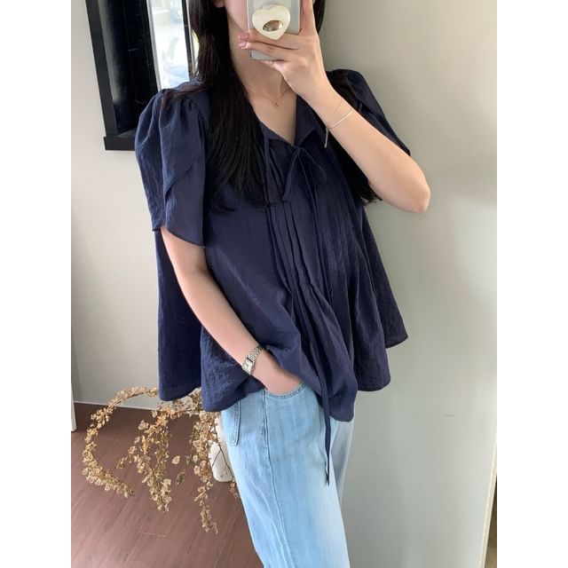 Short Sleeve Tie-Neck Plain Pleated Loose-Fit Blouse