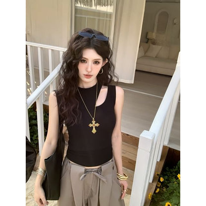 Plain Asymmetric Cut-Out Slim-Fit Tank Top