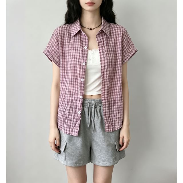 Short Sleeve Plaid Slim-Fit Shirt