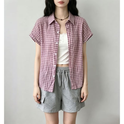 Short Sleeve Plaid Slim-Fit Shirt