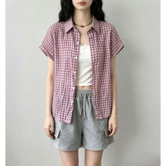 Short Sleeve Plaid Slim-Fit Shirt