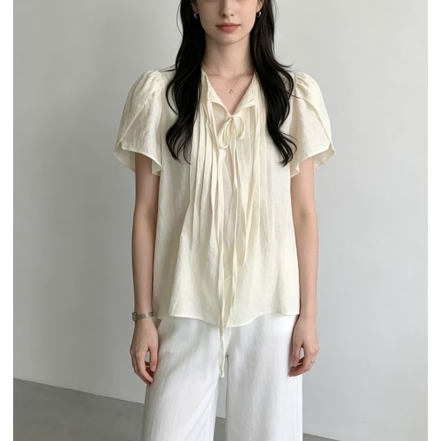 Short Sleeve Tie-Neck Plain Pleated Loose-Fit Blouse