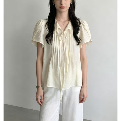 Short Sleeve Tie-Neck Plain Pleated Loose-Fit Blouse