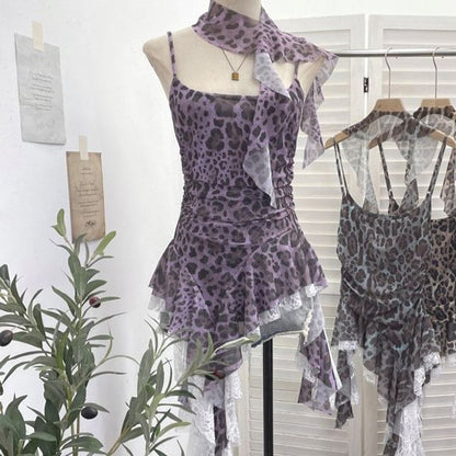 Leopard Print Asymmetrical Lace Camisole & Scarf Set