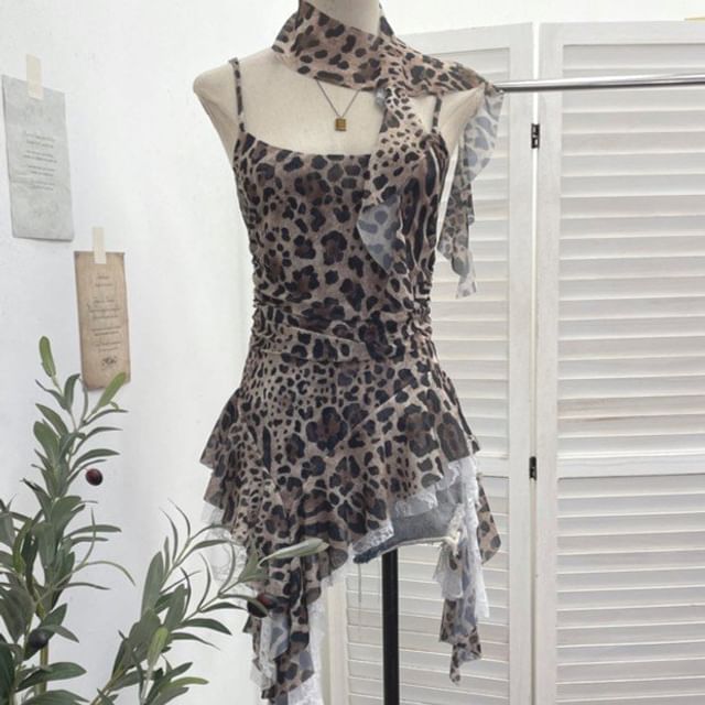 Leopard Print Asymmetrical Lace Camisole & Scarf Set