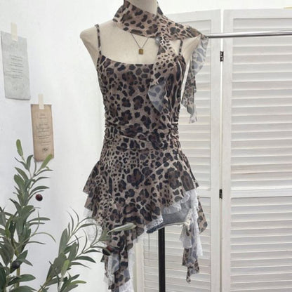 Leopard Print Asymmetrical Lace Camisole & Scarf Set