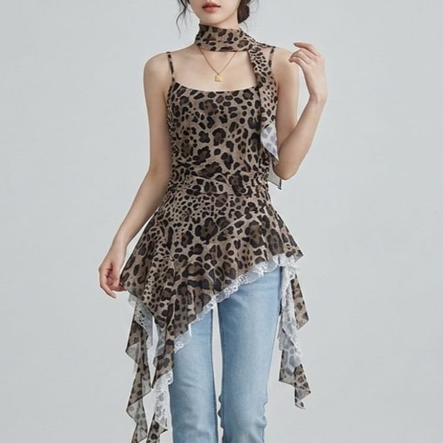 Leopard Print Asymmetrical Lace Camisole & Scarf Set