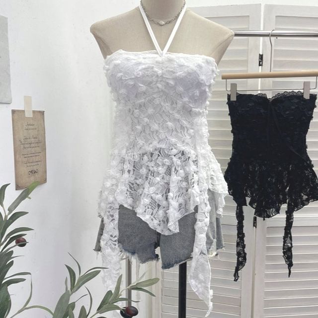 Halter Neck Asymmetrical Lace Crop Top
