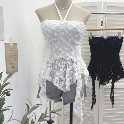 Halter Neck Asymmetrical Lace Crop Top