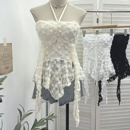 Halter Neck Asymmetrical Lace Crop Top