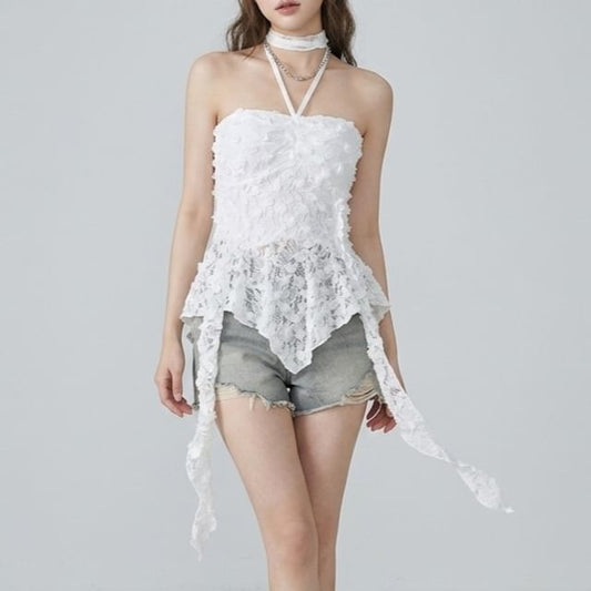 Halter Neck Asymmetrical Lace Crop Top