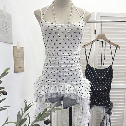 Polka Dot Asymmetrical Lace Panel Camisole