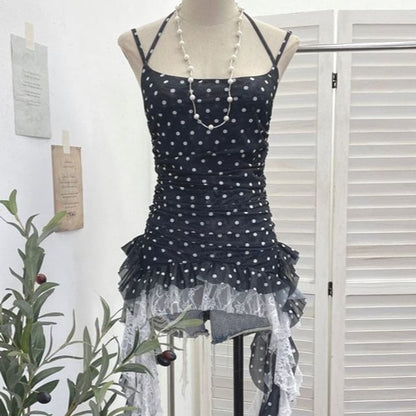 Polka Dot Asymmetrical Lace Panel Camisole