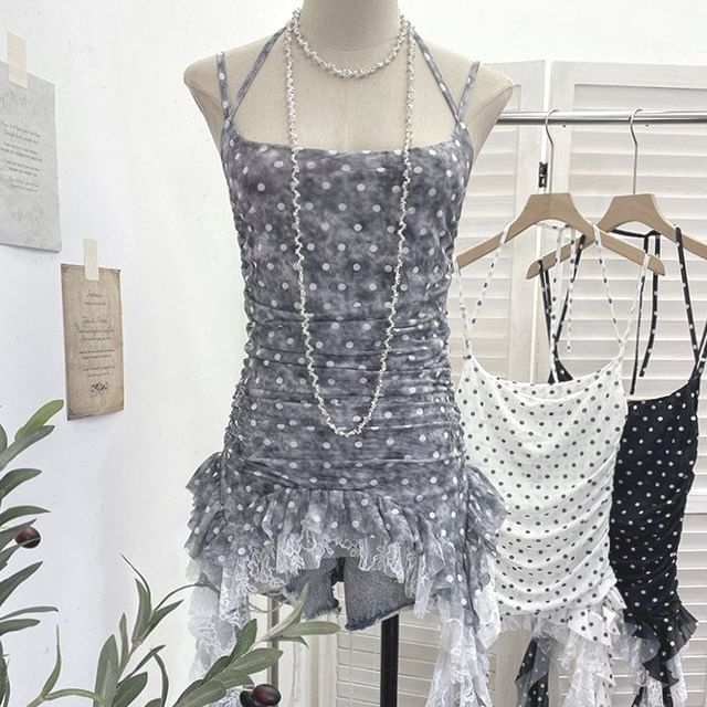Polka Dot Asymmetrical Lace Panel Camisole