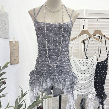 Polka Dot Asymmetrical Lace Panel Camisole