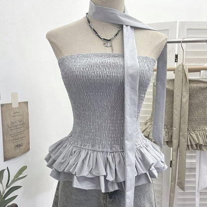 Smocked Ruffle Hem Crop Tube Top & Scarf Set