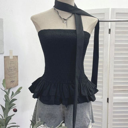 Smocked Ruffle Hem Crop Tube Top & Scarf Set