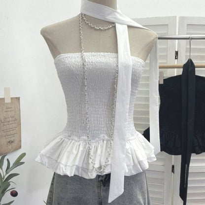 Smocked Ruffle Hem Crop Tube Top & Scarf Set