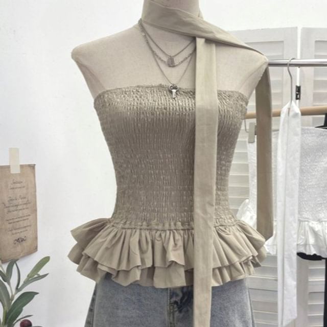 Smocked Ruffle Hem Crop Tube Top & Scarf Set