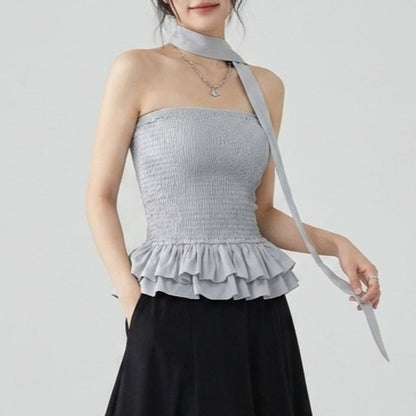 Smocked Ruffle Hem Crop Tube Top & Scarf Set